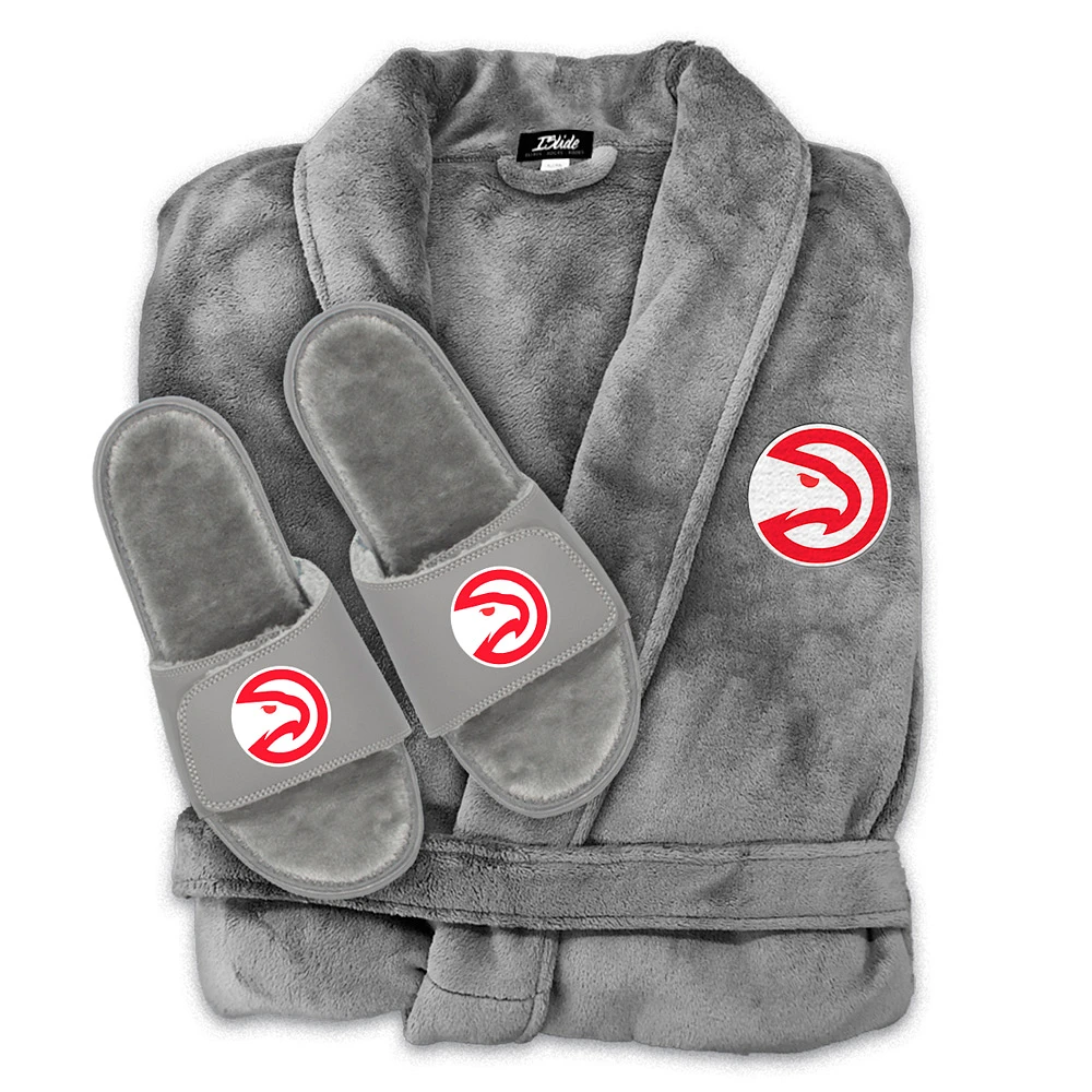 Unisex ISlide Gray Atlanta Hawks Faux Fur Slide Sandals & Robe Bundle