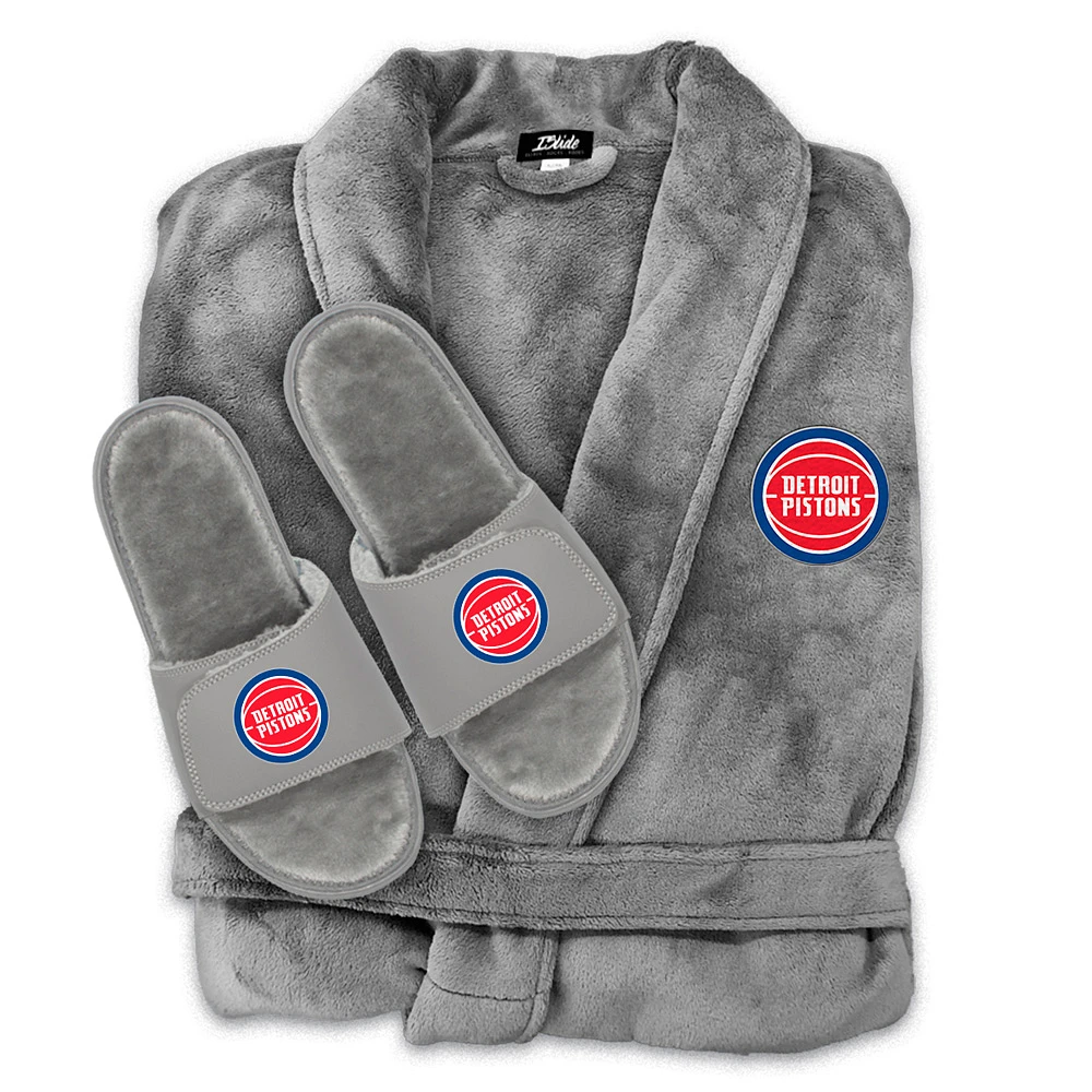 Unisex ISlide Gray Detroit Pistons Faux Fur Slide Sandals & Robe Bundle