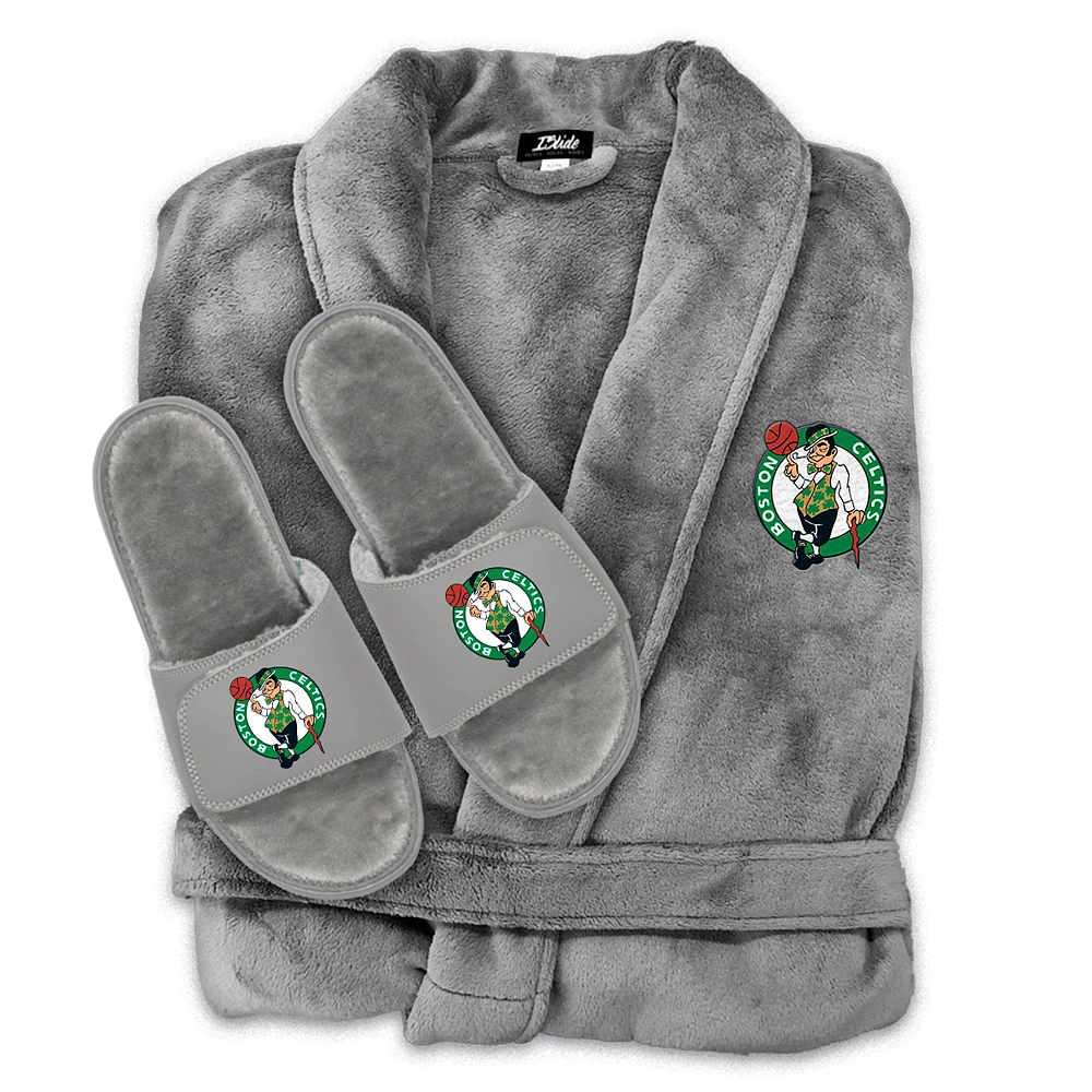 Unisex ISlide Gray Boston Celtics Faux Fur Slide Sandals & Robe Bundle