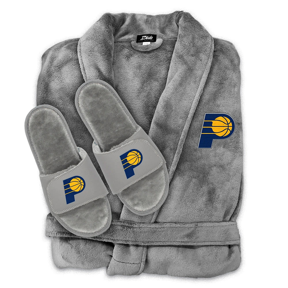 Unisex ISlide Gray Indiana Pacers Faux Fur Slide Sandals & Robe Bundle