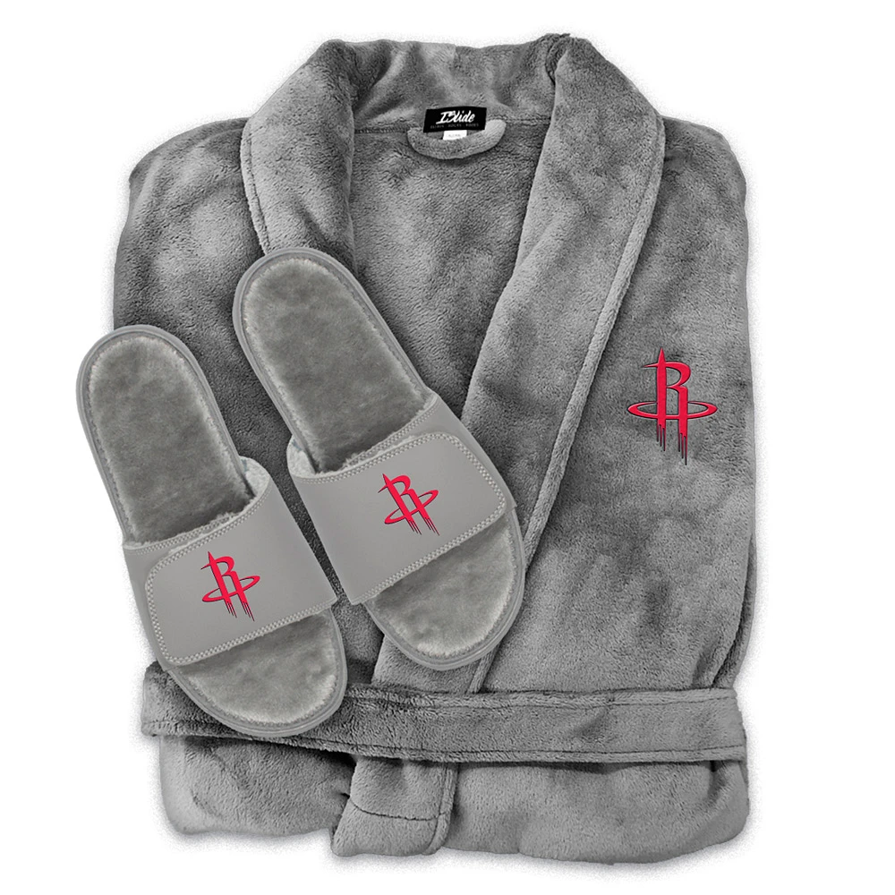 Unisex ISlide Gray Houston Rockets Faux Fur Slide Sandals & Robe Bundle