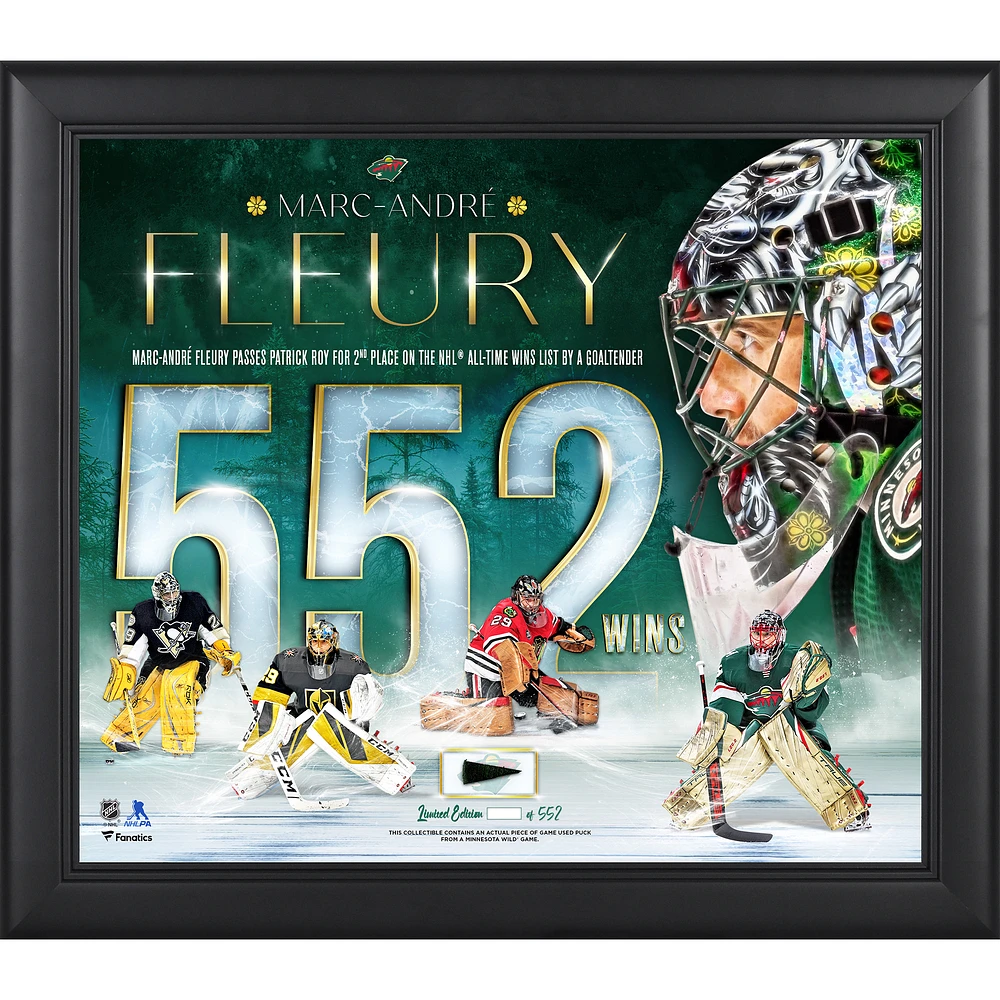Marc-Andre Fleury Minnesota Wild Framed 15" x 17" Second in Wins Collage with a Piece of Game-Used Puck - Limited Edition of 552