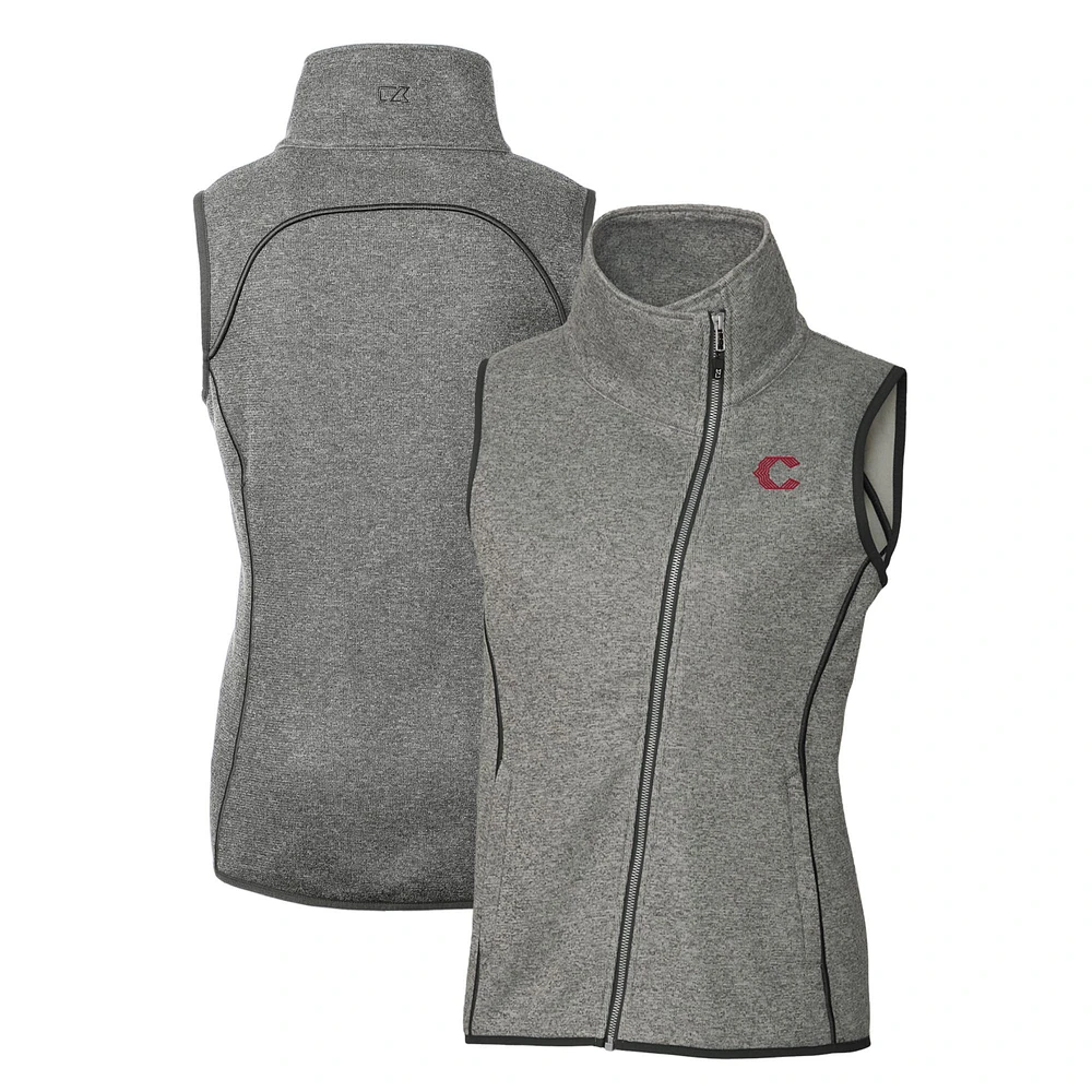 Women's Cutter & Buck Heather Gray Cincinnati Reds City Connect Mainsail Sweater-Knit Full-Zip Asymmetrical Vest