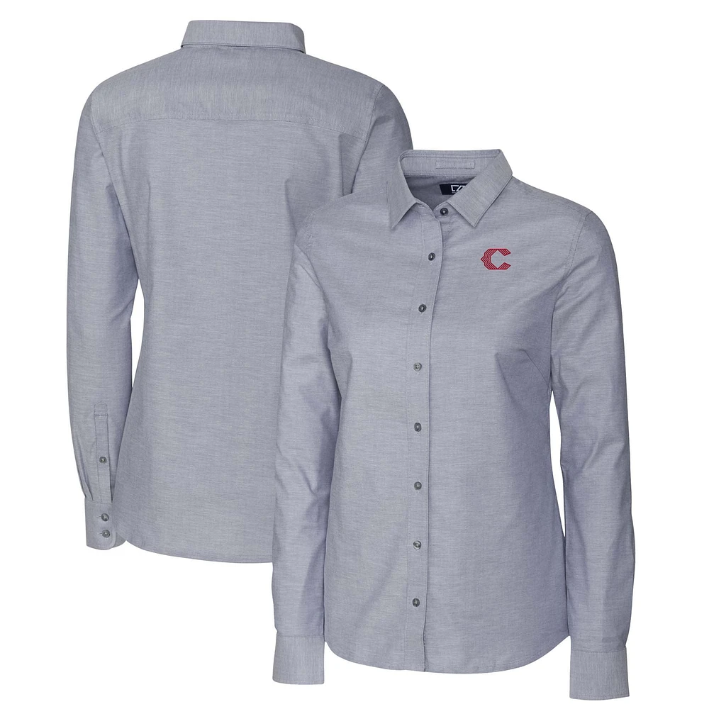 Women's Cutter & Buck Charcoal Cincinnati Reds City Connect Stretch Oxford Long Sleeve Button-Up Dress Shirt