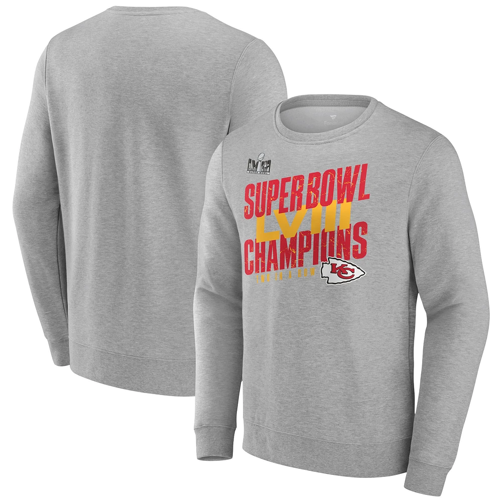 Men's Fanatics Heather Gray Kansas City Chiefs Super Bowl LVIII Champions Iconic Victory Crewneck Pullover