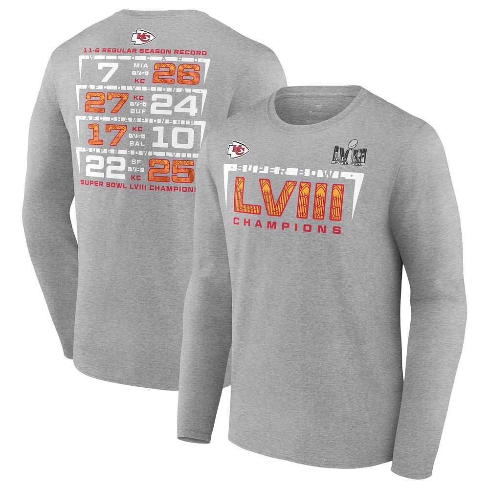 Men's Fanatics Heather Charcoal Kansas City Chiefs Super Bowl LVIII Champions Counting Points Score Long Sleeve T-Shirt