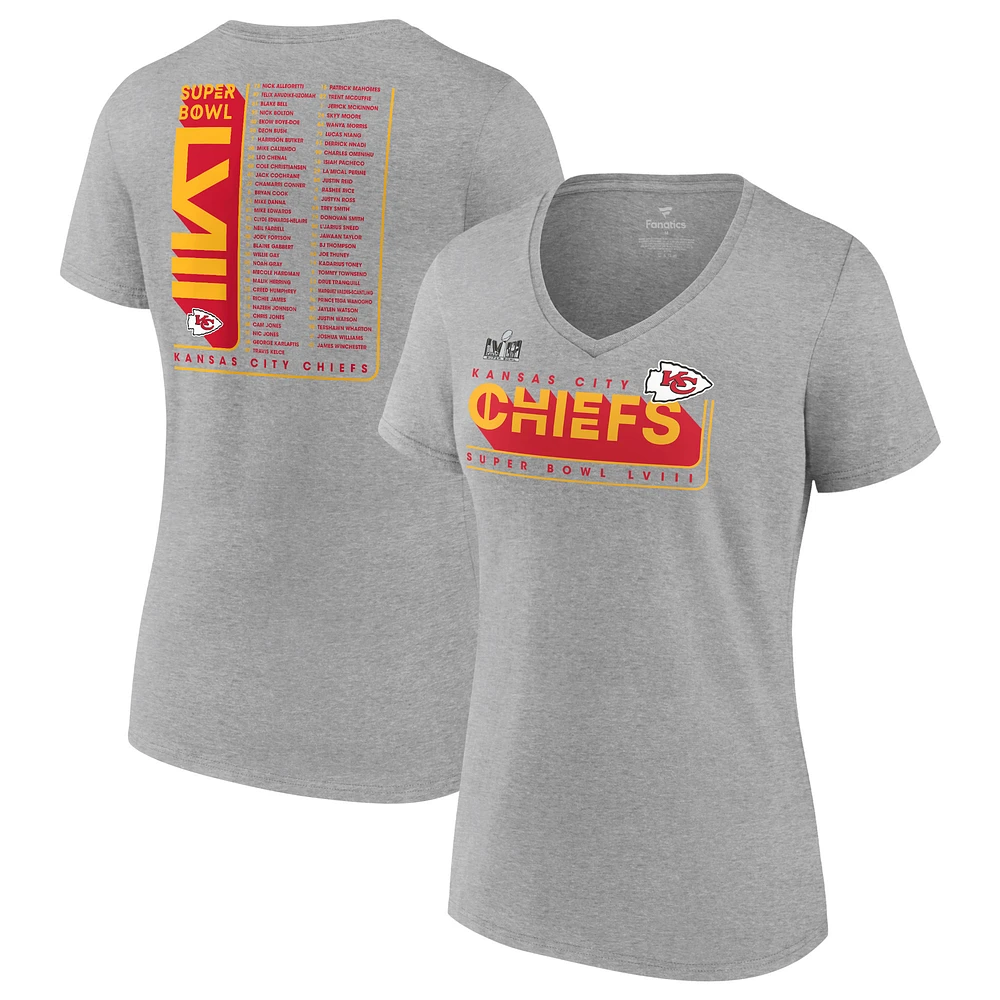 Women's Heather Gray Kansas City Chiefs Super Bowl LVIII Roster V-Neck T-Shirt