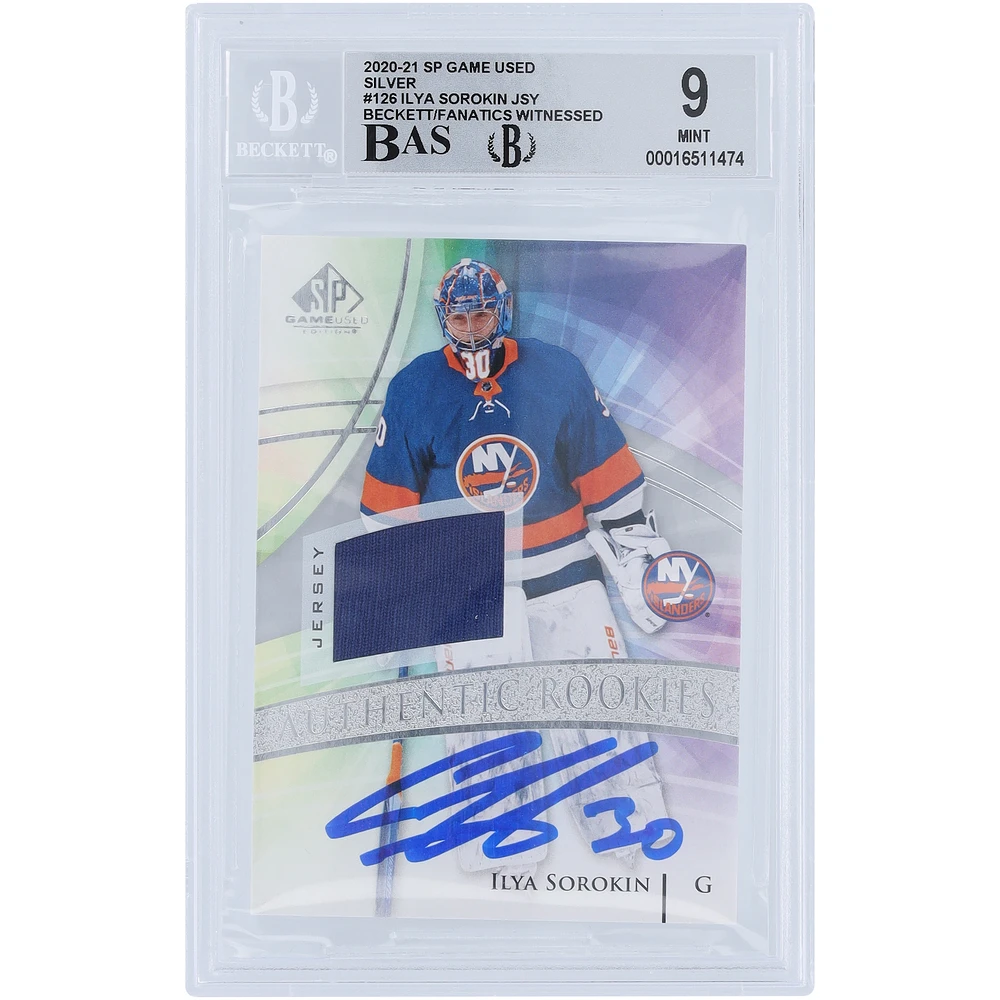 Ilya Sorokin New York Islanders Autographed 2020-21 Upper Deck SP Game Used Silver Parallel Relic #126 Beckett Fanatics Witnessed Authenticated 9/10 Rookie Card