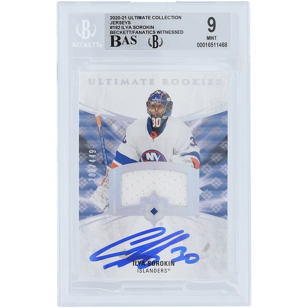 Ilya Sorokin New York Islanders Autographed 2020-21 Upper Deck Ultimate Collection Jerseys Relic #192 #/449 Beckett Fanatics Witnessed Authenticated 9/10 Rookie Card