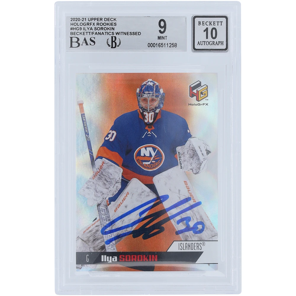Ilya Sorokin New York Islanders Autographed 2020-21 Upper Deck HoloGrFX #HG-9 Beckett Fanatics Witnessed Authenticated 9/10 Rookie Card