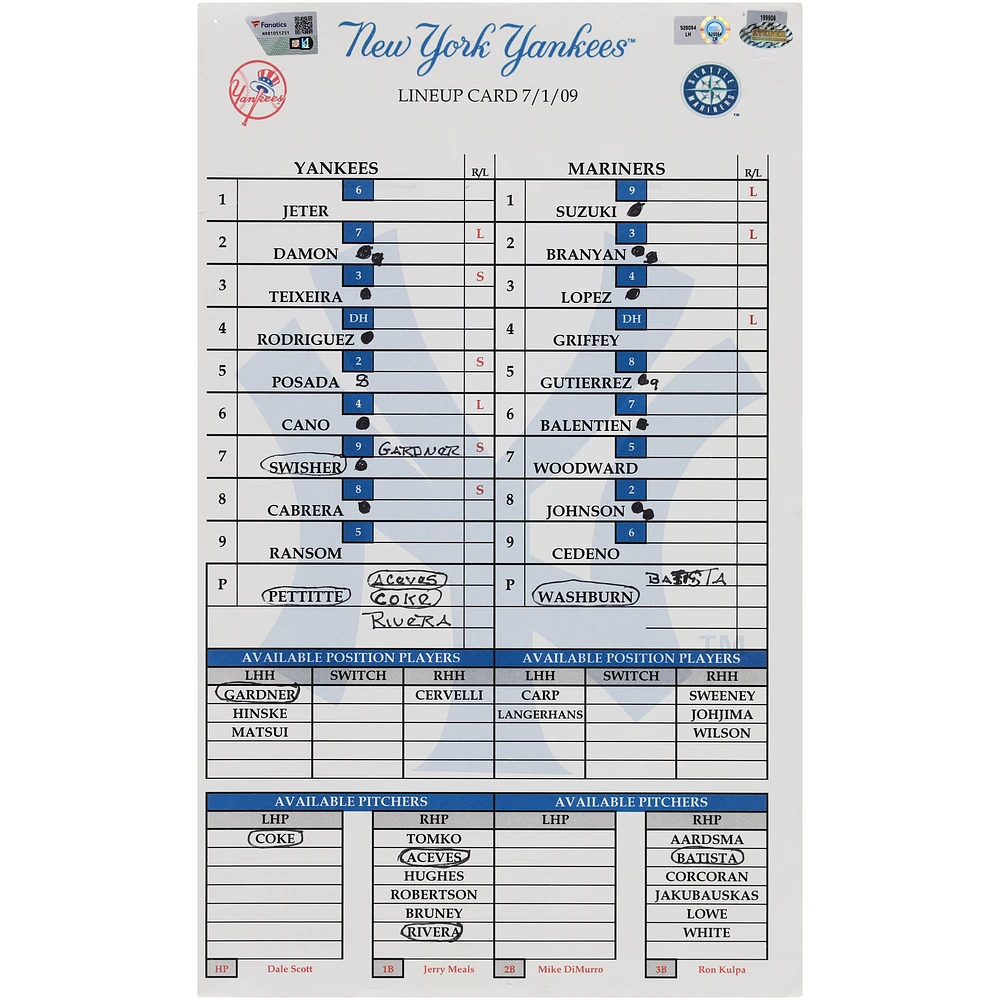 New York Yankees Game-Used Lineup Card vs. Seattle Mariners on July 1, 2009