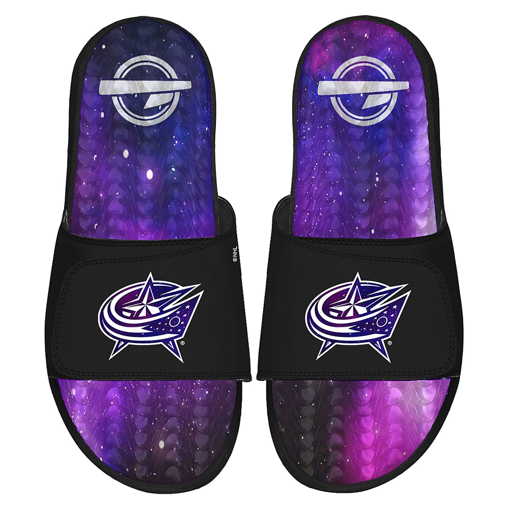 Men's ISlide Black Columbus Blue Jackets Galaxy Gel Slide Sandals