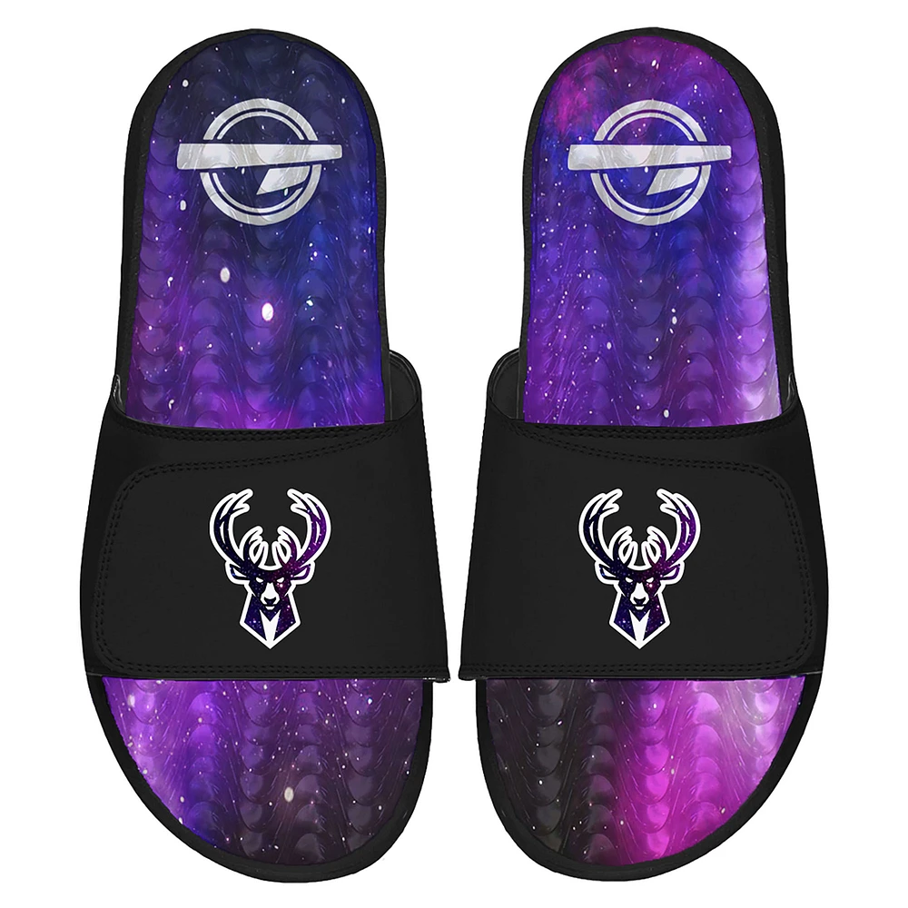 Men's ISlide Black Milwaukee Bucks Galaxy Gel Slide Sandals