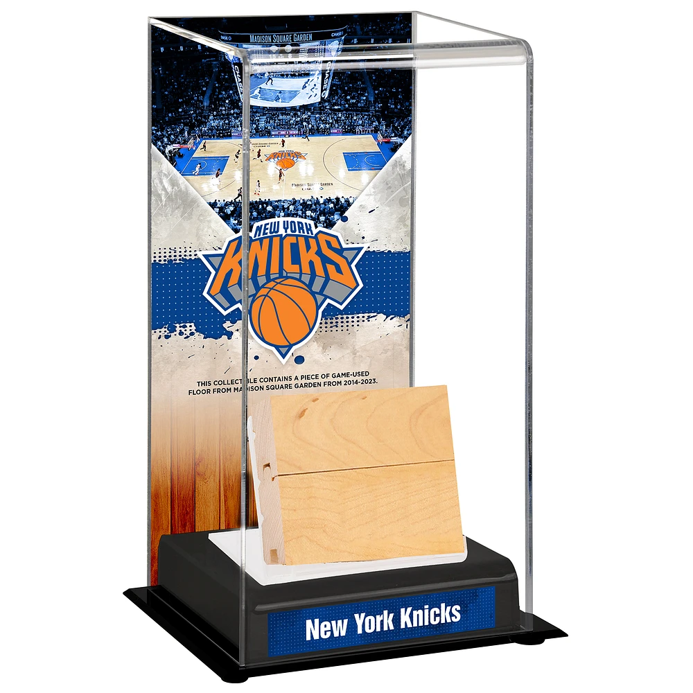 New York Knicks Sublimated Tall Display Case with an Image and a Piece of Madison Square Garden Game-Used Court from 2014-2023