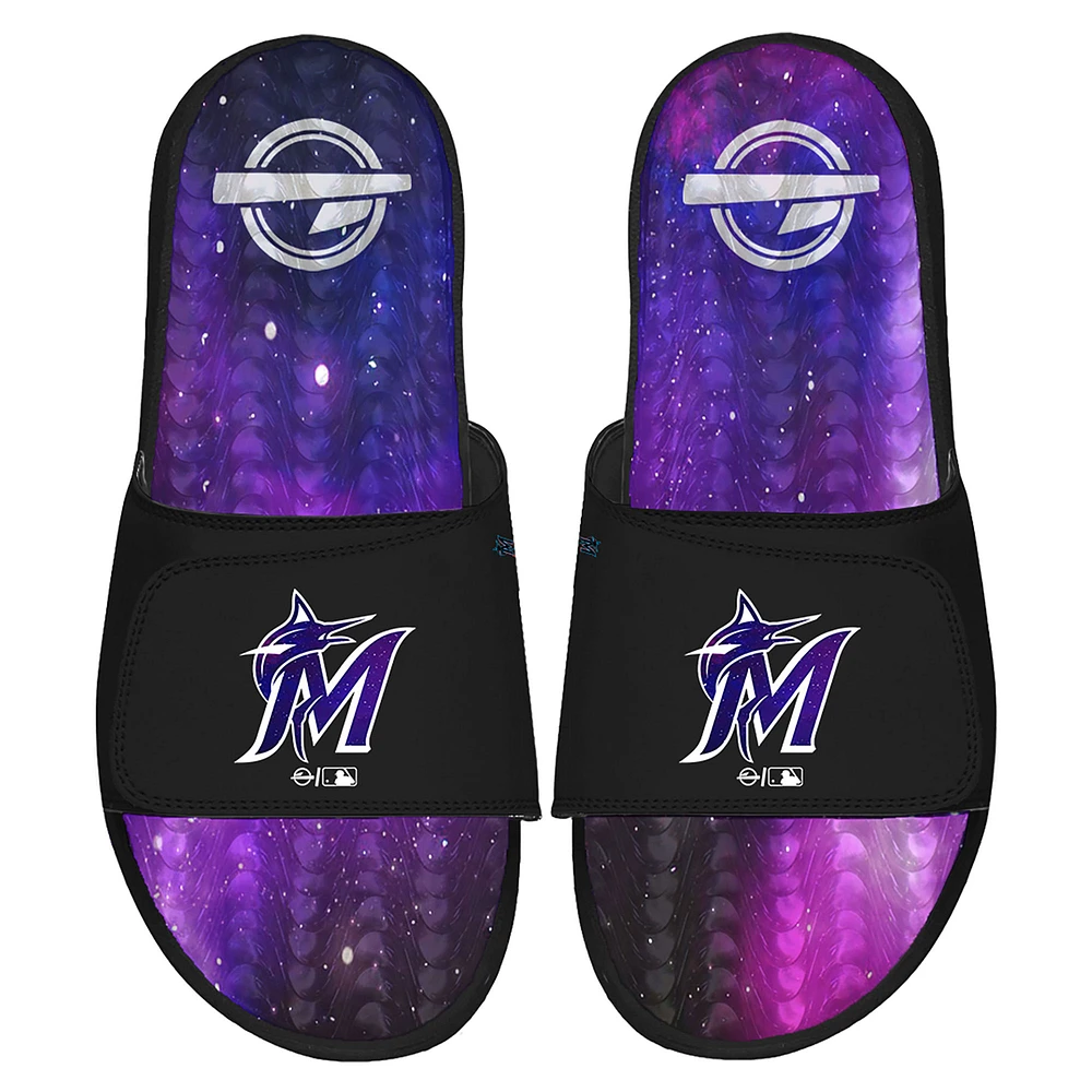 Men's ISlide Black Miami Marlins Galaxy Gel Slide Sandals
