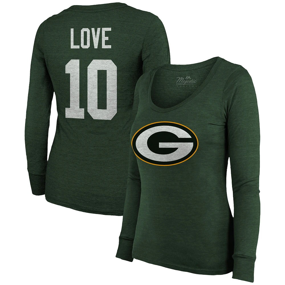 Women's Majestic Threads Jordan Love Green Bay Packers Name & Number Long Sleeve Scoop Neck Tri-Blend T-Shirt