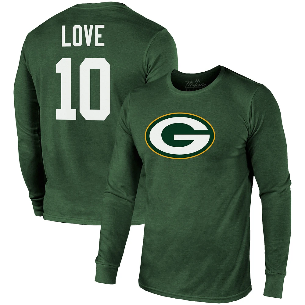 Men's Majestic Threads Jordan Love Green Bay Packers Name & Number Long Sleeve Tri-Blend T-Shirt