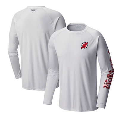 Men's Columbia White New Jersey Devils Terminal Tackle Omni-Shade Raglan Long Sleeve T-Shirt