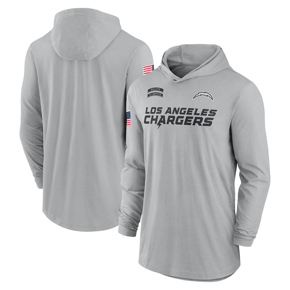 Men's Nike Gray Los Angeles Chargers 2024 Salute to Service Lightweight Performance Long Sleeve Hoodie T-Shirt