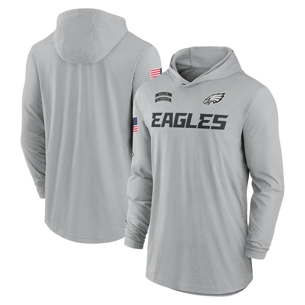 Men's Nike Gray Philadelphia Eagles 2024 Salute to Service Lightweight Performance Long Sleeve Hoodie T-Shirt