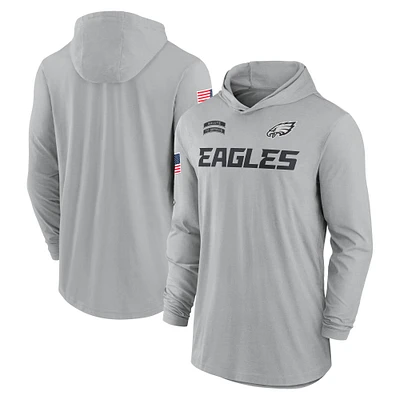 Men's Nike Gray Philadelphia Eagles 2024 Salute to Service Lightweight Performance Long Sleeve Hoodie T-Shirt