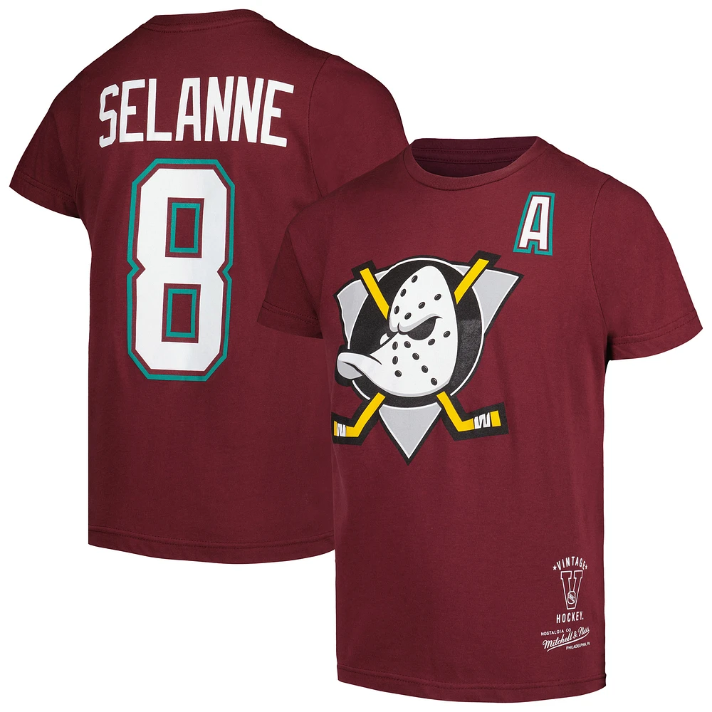 Youth Mitchell & Ness Teemu Selanne Garnet Anaheim Ducks Name Number T-Shirt