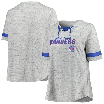 Women's Fanatics Heather Gray New York Rangers Plus Size Lace-Up T-Shirt