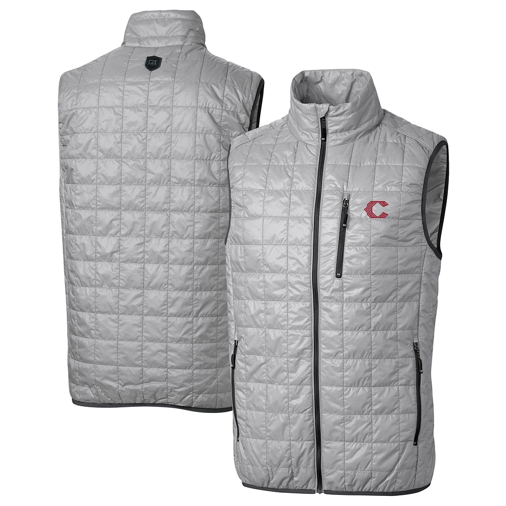 Men's Cutter & Buck Gray Cincinnati Reds City Connect Rainier PrimaLoft Eco Insulated Full-Zip Puffer Vest