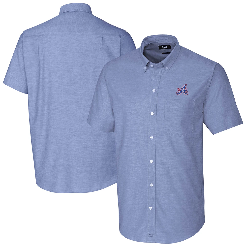 Men's Cutter & Buck Blue Atlanta Braves City Connect Oxford Stretch Short Sleeve Button-Down Dress Shirt