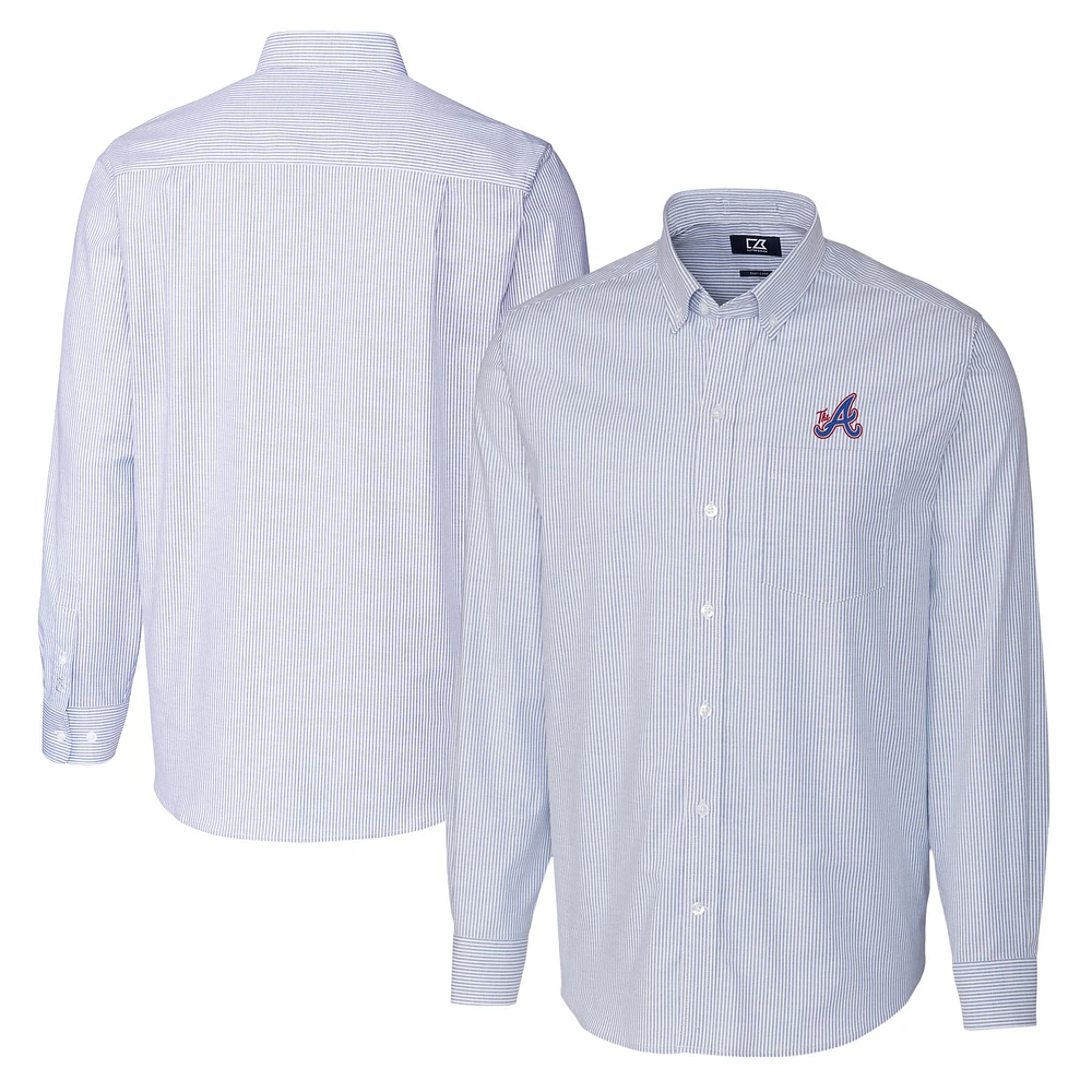 Men's Cutter & Buck Blue Atlanta Braves City Connect Oxford Stretch Stripe Long Sleeve Button-Down Dress Shirt