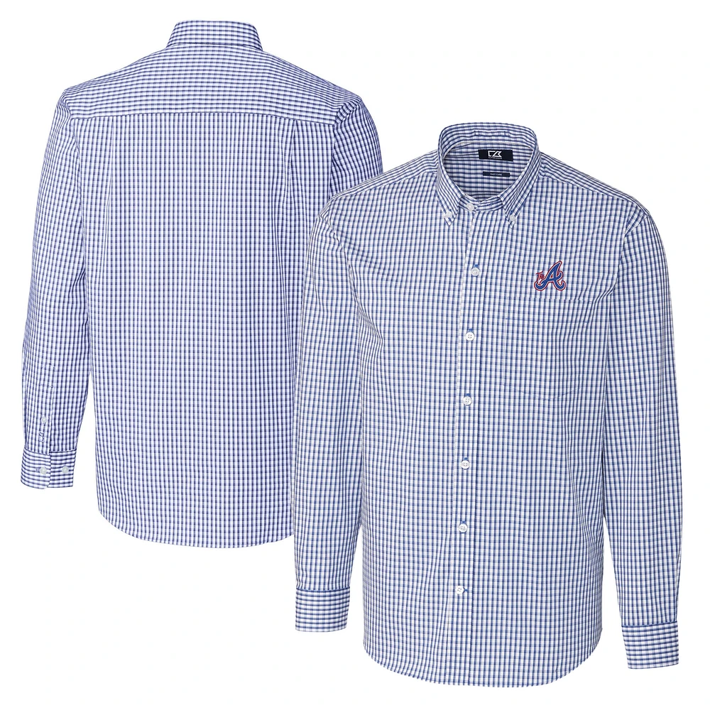 Men's Cutter & Buck Blue Atlanta Braves City Connect Easy Care Stretch Gingham Long Sleeve Dress Shirt