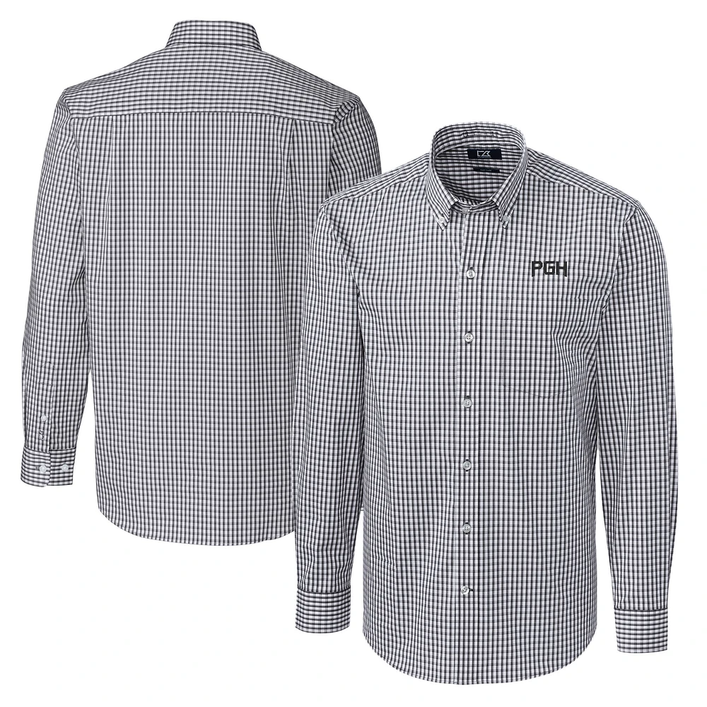 Men's Cutter & Buck Charcoal Pittsburgh Pirates City Connect Easy Care Stretch Gingham Long Sleeve Dress Shirt