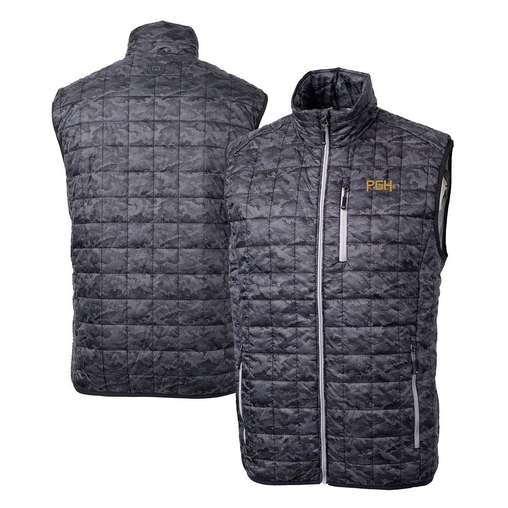 Men's Cutter & Buck Black Pittsburgh Pirates City Connect Rainier PrimaLoft Eco Insulated Full-Zip Printed Puffer Vest