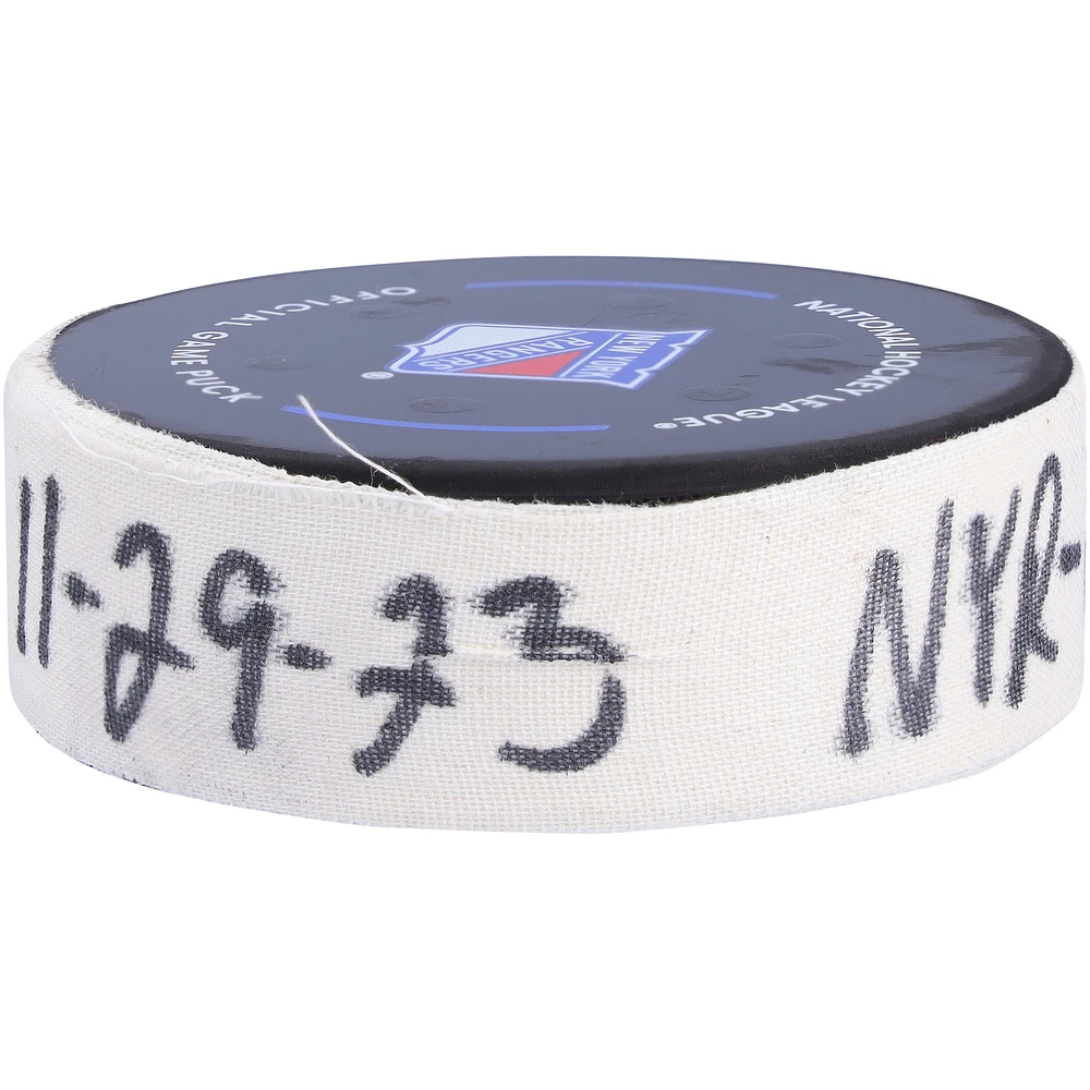 K'Andre Miller New York Rangers Game-Used Goal Puck vs. Detroit Red Wings on November 29, 2023