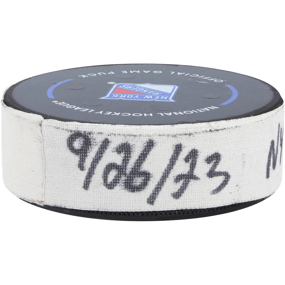 Kaapo Kakko New York Rangers Game-Used Goal Puck vs. New York Islanders on September 26, 2023