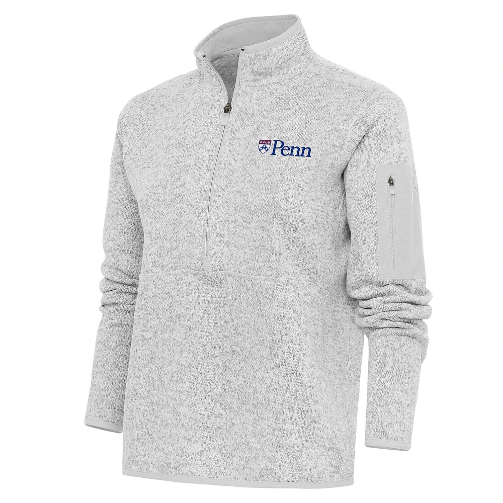 Women's Antigua Heather Gray Pennsylvania Quakers Fortune Half-Zip Pullover Top
