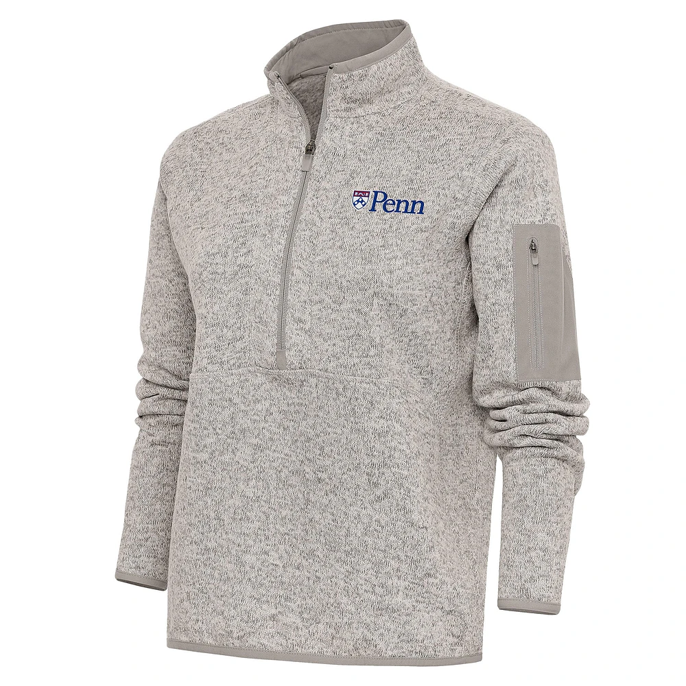 Women's Antigua Oatmeal Pennsylvania Quakers Fortune Half-Zip Pullover Top
