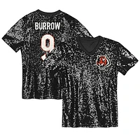 Girls Youth Joe Burrow Black Cincinnati Bengals Sequin V-Neck Fashion Jersey