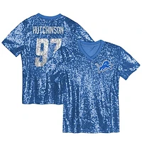 Girls Youth Aidan Hutchinson Blue Detroit Lions Sequin V-Neck Fashion Jersey