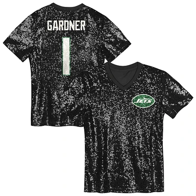 Girls Youth Sauce Gardner Black New York Jets Sequin V-Neck Fashion Jersey