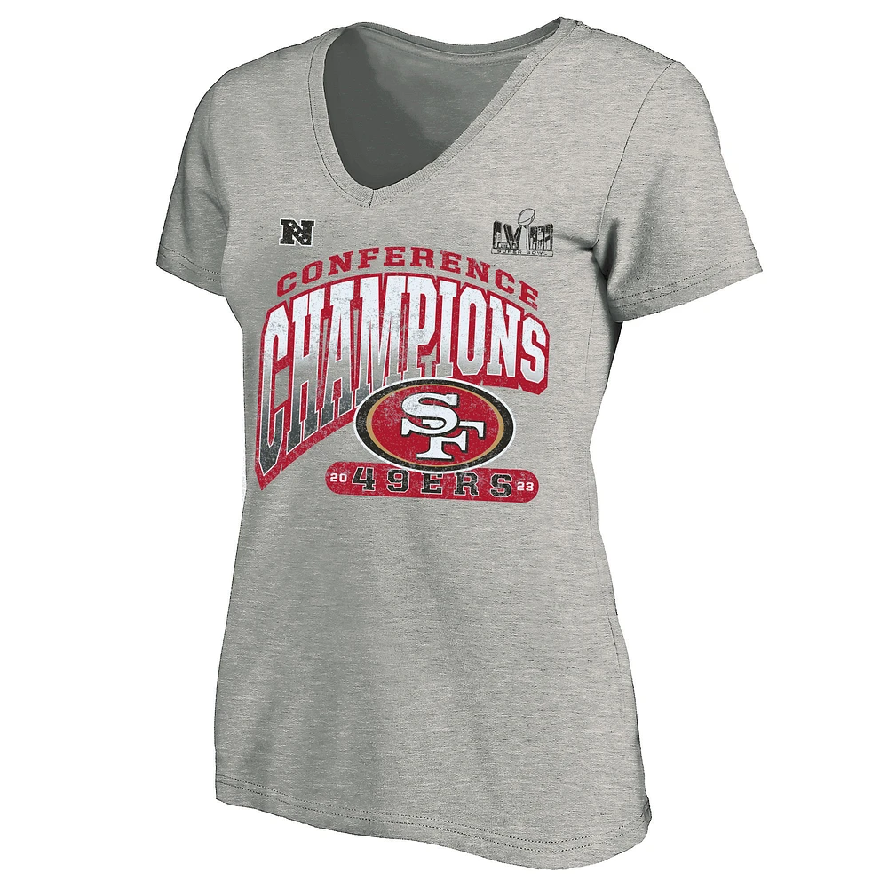 Women's Fanatics Heather Gray San Francisco 49ers 2023 NFC Champions Plus Hail Mary V-Neck T-Shirt
