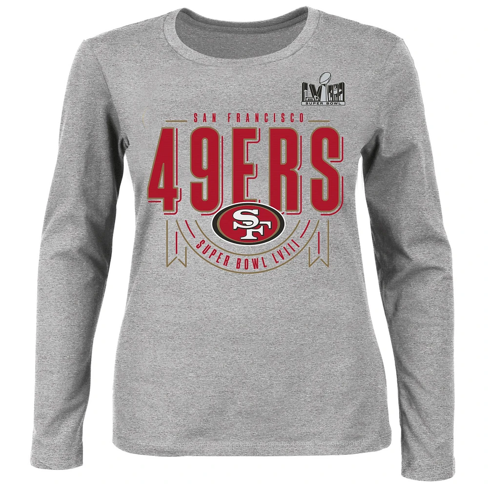 Women's Fanatics Heather Gray San Francisco 49ers Super Bowl LVIII Plus Quick Pass Long Sleeve T-Shirt