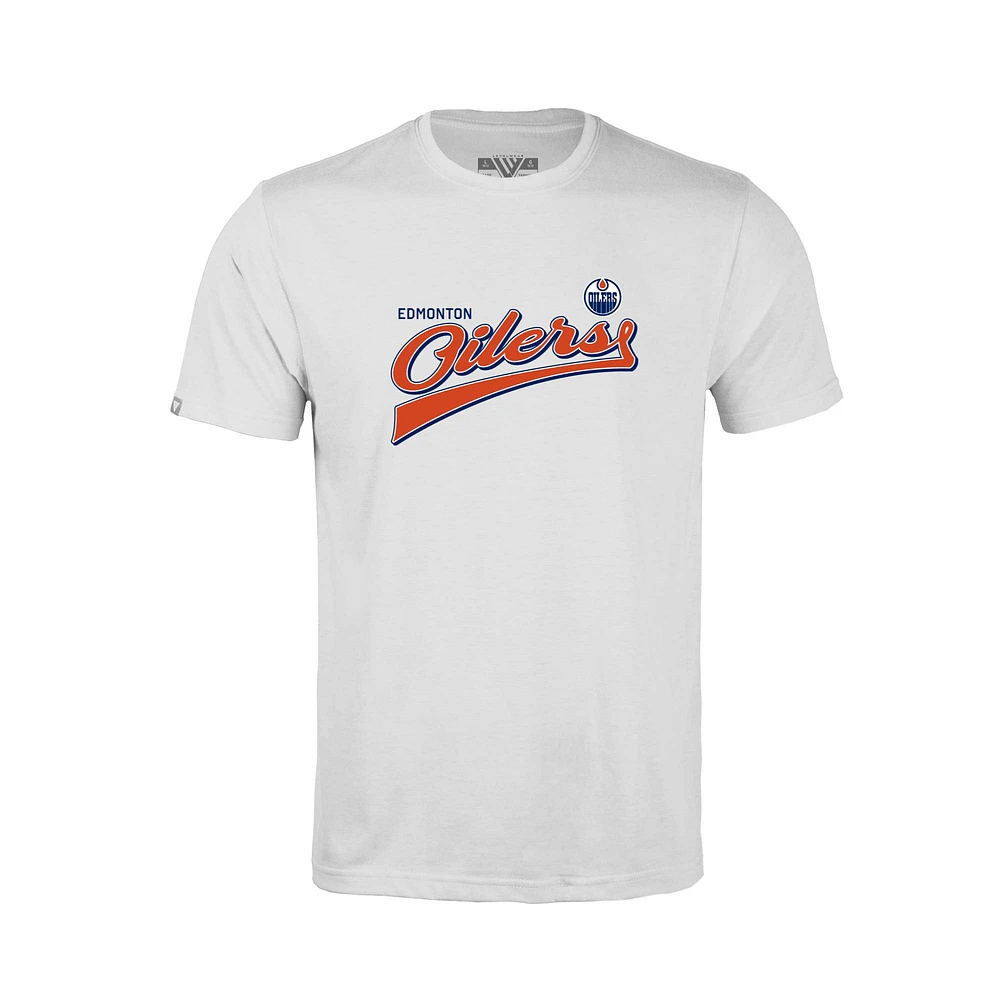 Youth Levelwear White Edmonton Oilers Little Richmond Retro Script T-Shirt