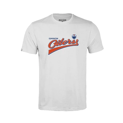 Youth Levelwear White Edmonton Oilers Little Richmond Retro Script T-Shirt