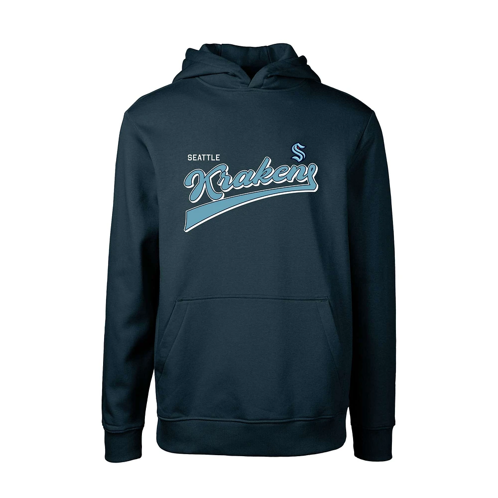 Youth Levelwear Deep Sea Blue Seattle Kraken Podium Retro Script Fleece Pullover Hoodie