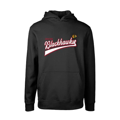 Youth Levelwear Black Chicago Blackhawks Podium Retro Script Fleece Pullover Hoodie