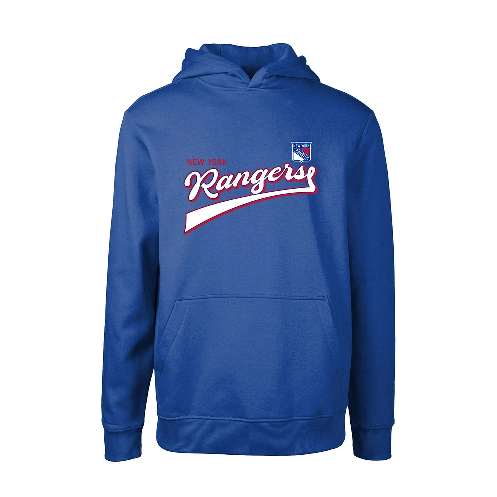 Youth Levelwear Blue New York Rangers Podium Retro Script Fleece Pullover Hoodie