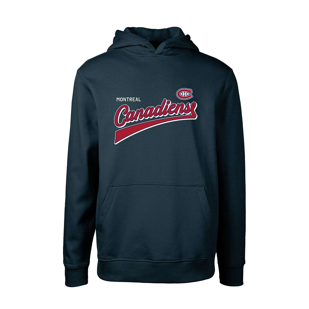 Youth Levelwear Navy Montreal Canadiens Podium Retro Script Fleece Pullover Hoodie