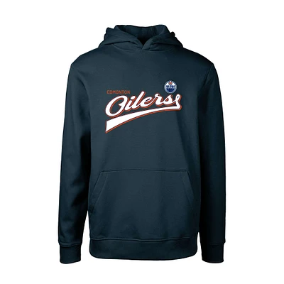 Youth Levelwear Navy Edmonton Oilers Podium Retro Script Fleece Pullover Hoodie