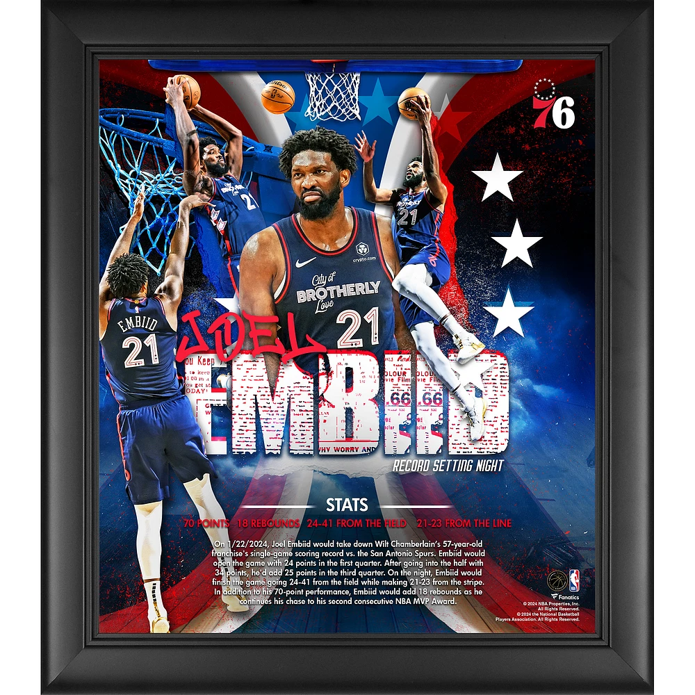 Joel Embiid Philadelphia 76ers Framed 15" x 17" Franchise Record Breaking 70 Points Collage